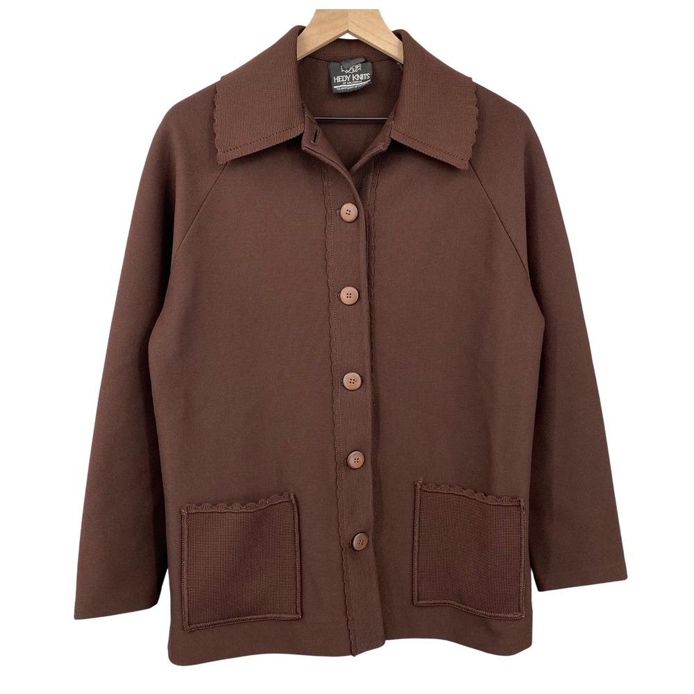 Vintage Hedy Knits of California Womens Brown Scalloped Collar Knit Jacket Sz L